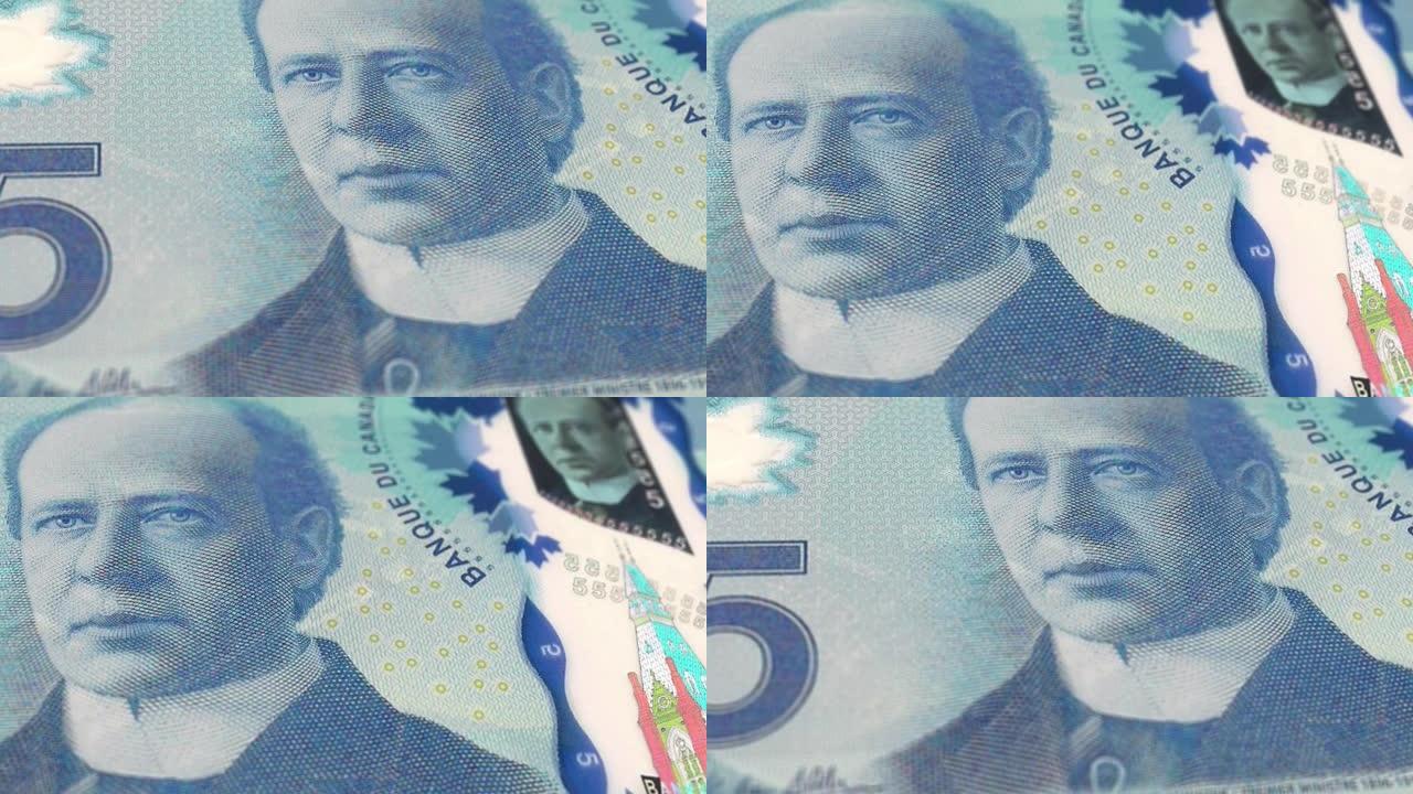 加拿大加元5张钞票，五张加元，加元的特写和宏观视图，跟踪和多莉拍摄5加元钞票观察和储备侧，加元货币货