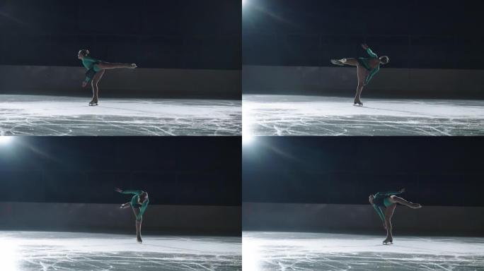 可爱的青少年滑冰运动员通过身体倾斜进行右腿旋转