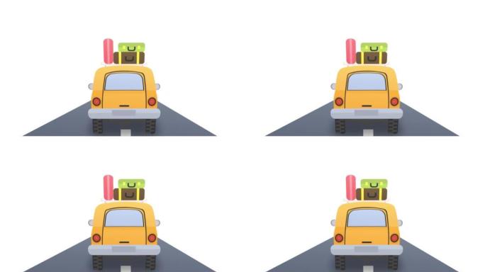 旅游车。带行李的汽车在路上行驶的动画。卡通