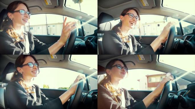 中等镜头-商业女性开车-笑着享受音乐 #1