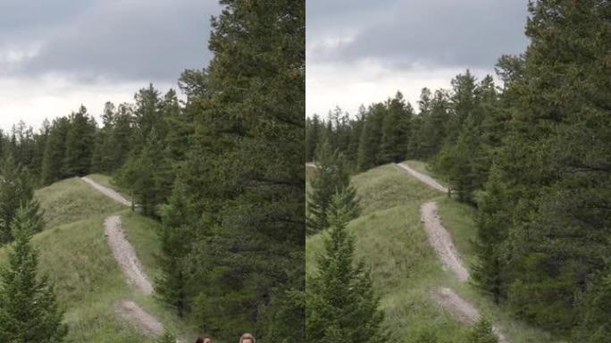 年轻女性沿着草地山顶的山路徒步旅行