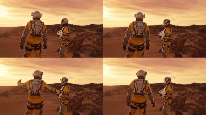 火星上的两名宇航员。欣赏外星星球上的景色