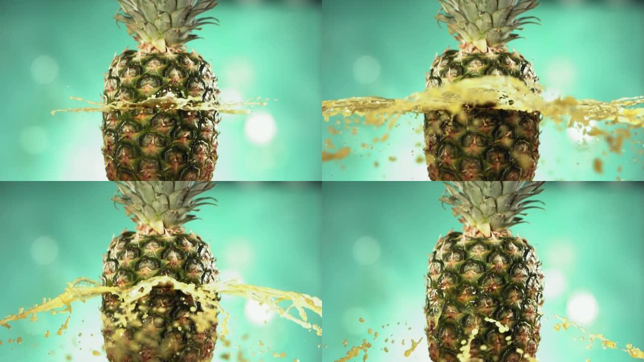 新鲜菠萝水果在绿松石蓝色背景4K慢动作中喷出并爆裂果汁