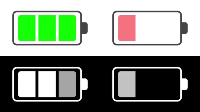 电池图标充电的图形动画，alpha通道 (透明背景) 和亮度哑光中的增加和减少动画。技术概念。
