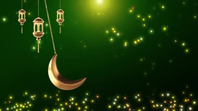 4K开斋节穆巴拉克伊斯兰设计悬挂斋月蜡烛灯笼和清真寺，抽象背景动画。