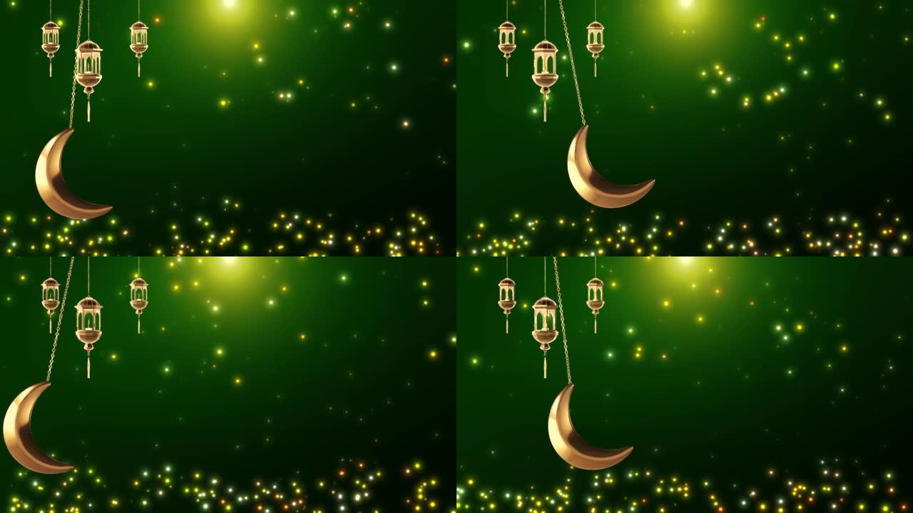 4K开斋节穆巴拉克伊斯兰设计悬挂斋月蜡烛灯笼和清真寺，抽象背景动画。