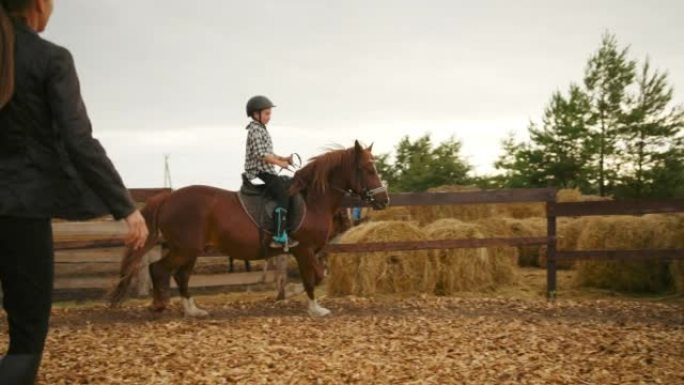 小骑师在马术俱乐部训练，在围场骑小马，教练在教学和控制