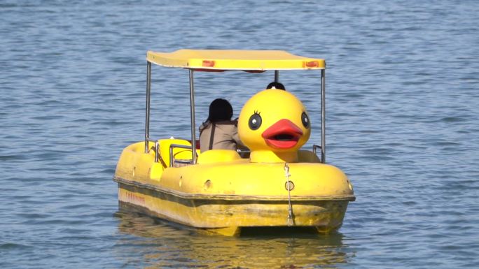 湖中漂浮着一只小黄鸭游客乘船拍照游玩