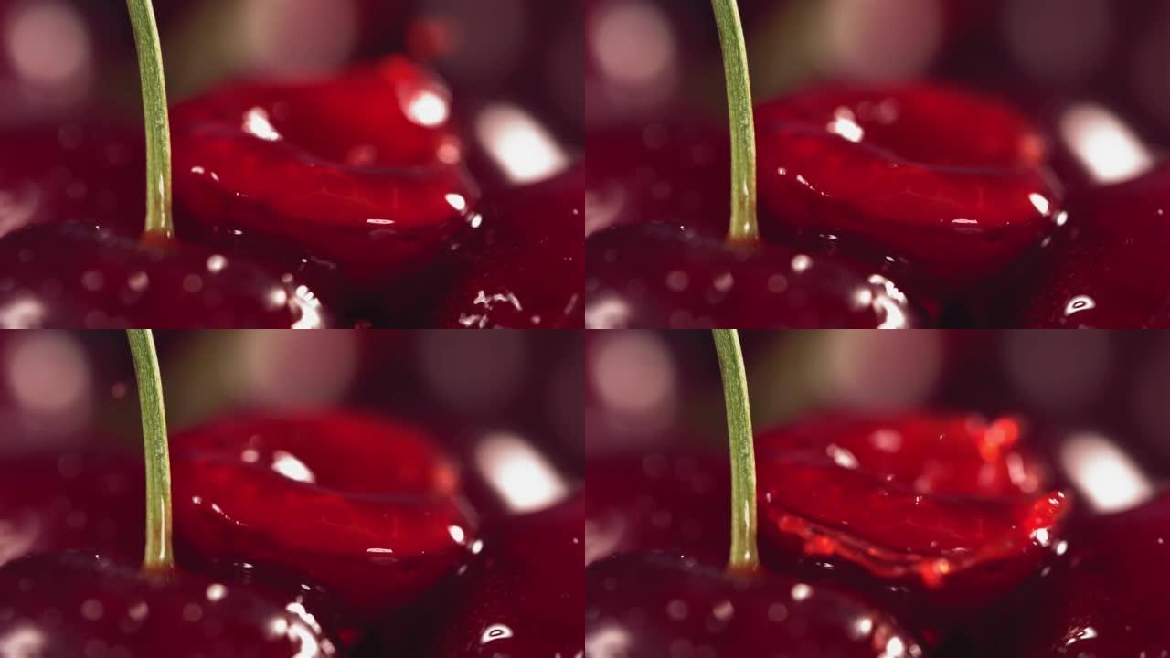 慢动作中落在深红色背景下的新鲜樱桃上的果汁滴
