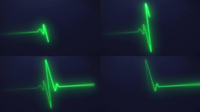 黑色孤立背景上的霓虹灯心跳。4k无缝循环动画。心电图和心脏脉动背景。显示屏医学研究。紧张，压力，心电