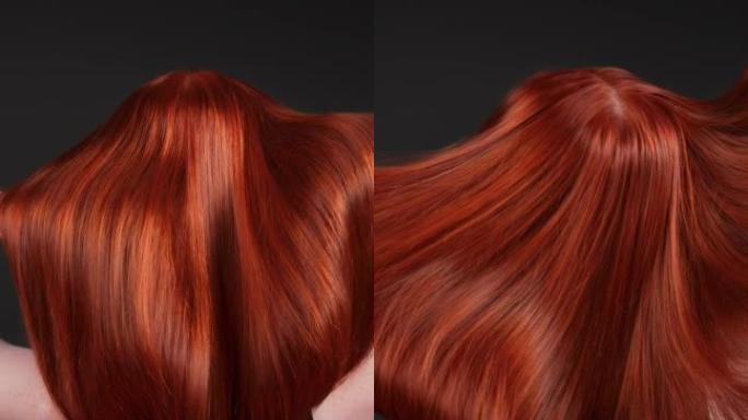迷人的红发女人翻转她长长的直发。特写闪亮的头发波浪，垂直视频
