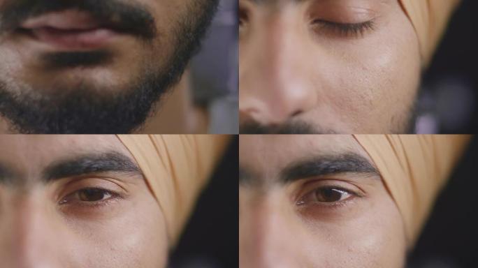 SLO MO TU印度男子戴着pagri张开棕色的眼睛