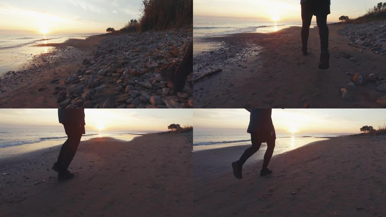 日落时在平静的海边与狗一起在海滩上慢跑