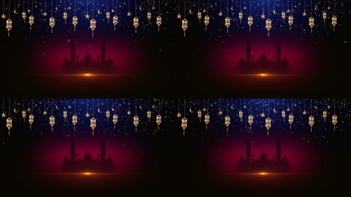环形金色开斋节穆巴拉克贺卡设计，灯笼和新月悬挂红色背景