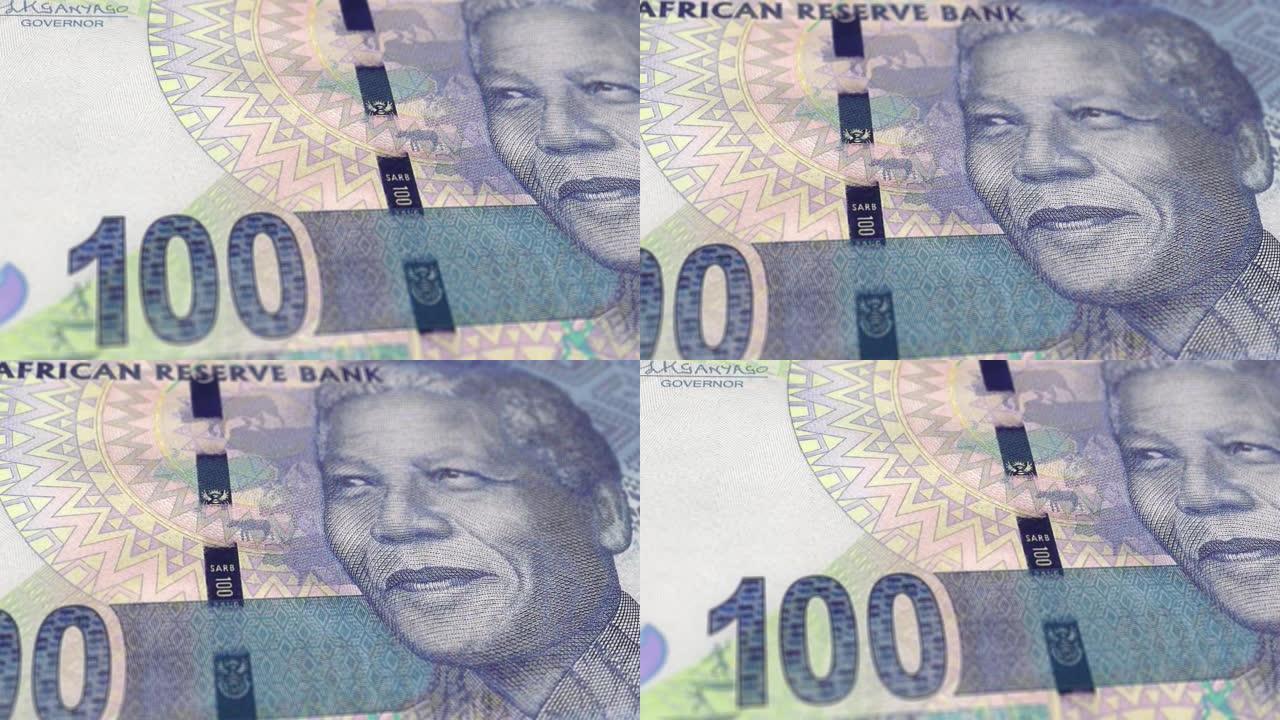南非南非兰特100纸币，一百南非兰特，南非兰特的特写和宏观视图，跟踪和多莉拍摄100南非兰特纸币观察
