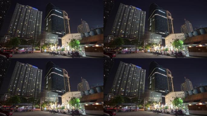 夜间照明曼谷市市中心停车场广场全景4k延时泰国