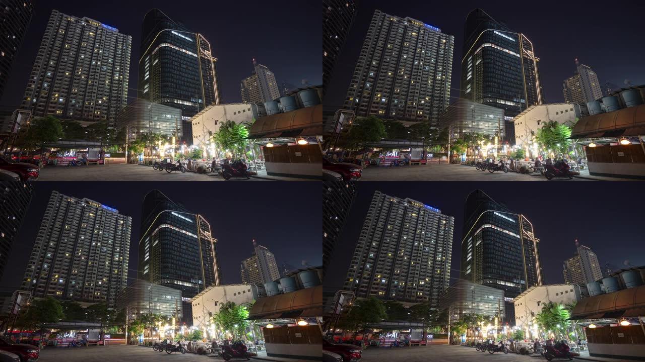 夜间照明曼谷市市中心停车场广场全景4k延时泰国