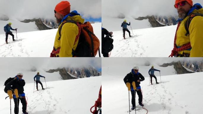 在雪坡上攀登。雄伟的欧洲阿尔卑斯山。登山探险的高级登山者