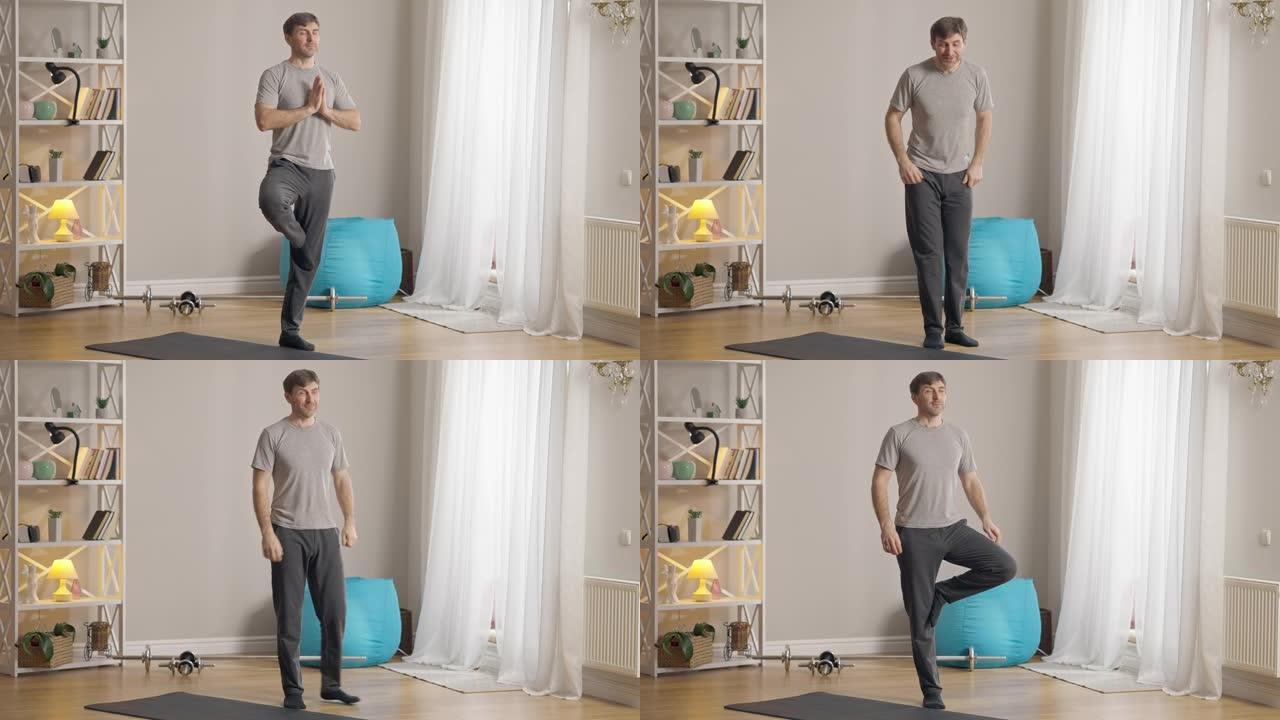 积极进取的人试图保持平衡，站在树上。微笑的高加索运动员的肖像开始在家在客厅训练瑜伽练习。室内新手男瑜