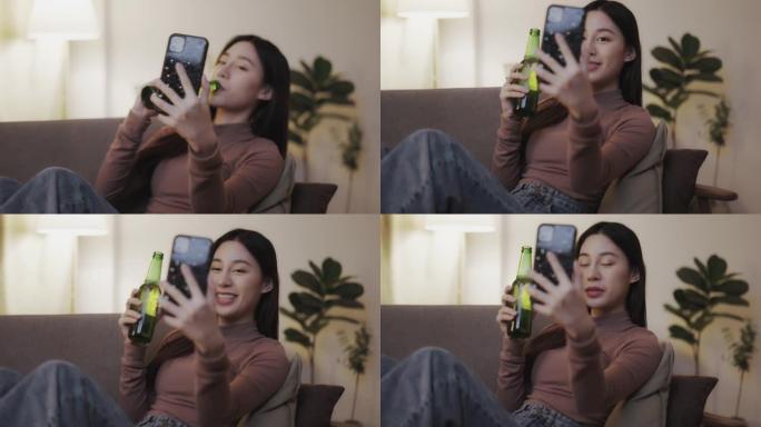 新常态: 使用智能手机进行视频通话的年轻女子