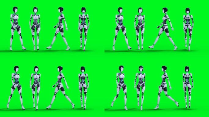 女性性感机器人行走。绿屏隔离4k镜头。