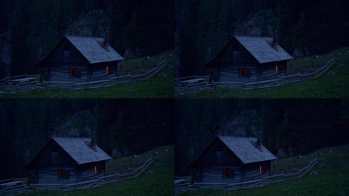 夜间山间小屋的静态拍摄