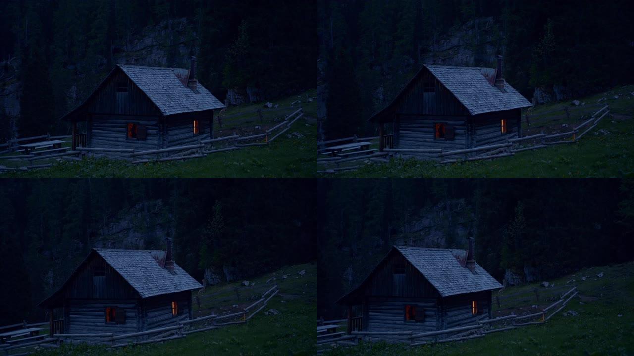 夜间山间小屋的静态拍摄