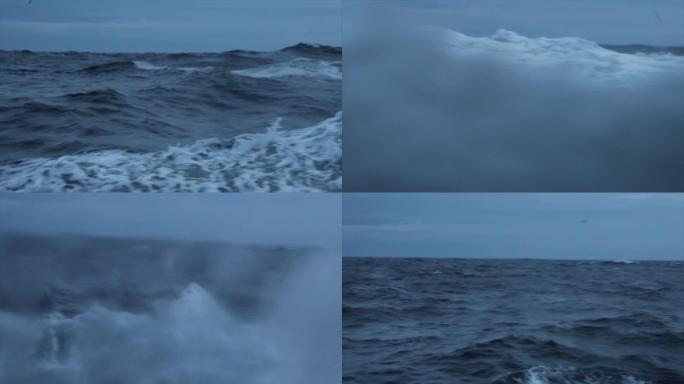 来自蓝色波涛汹涌的大海中的船只: 海浪和开阔的海洋