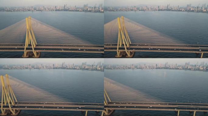 印度孟买Bandra Worli Sea Link的电影鸟瞰图。