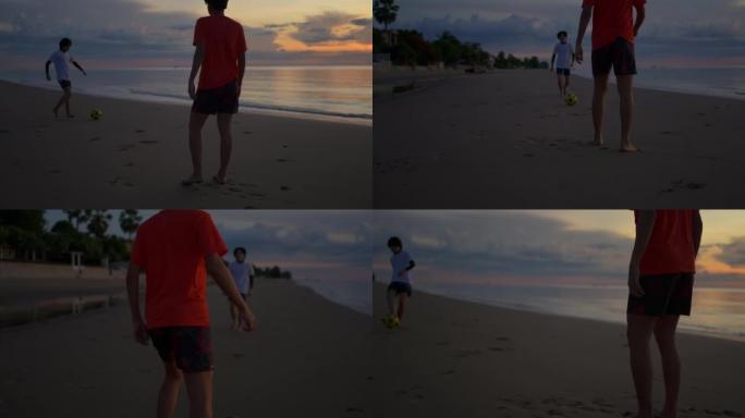 两名男子在海滩日落时打球