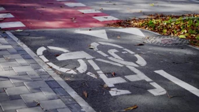 自行车标志。自行车骑车人路线。大城市中心的自行车道。