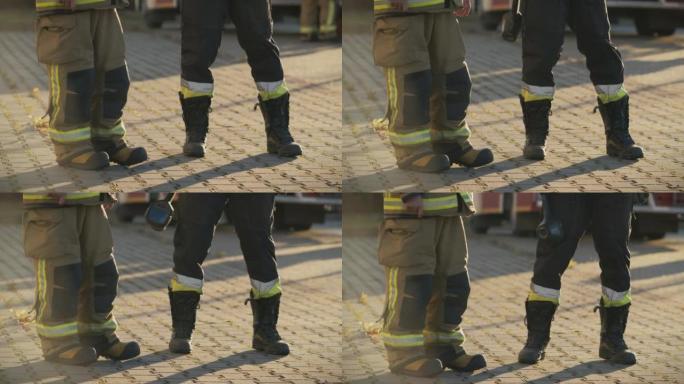 特写消防员穿着防护鞋工作
