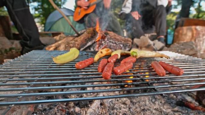 SLO MO一群朋友在森林的篝火上烧烤蔬菜