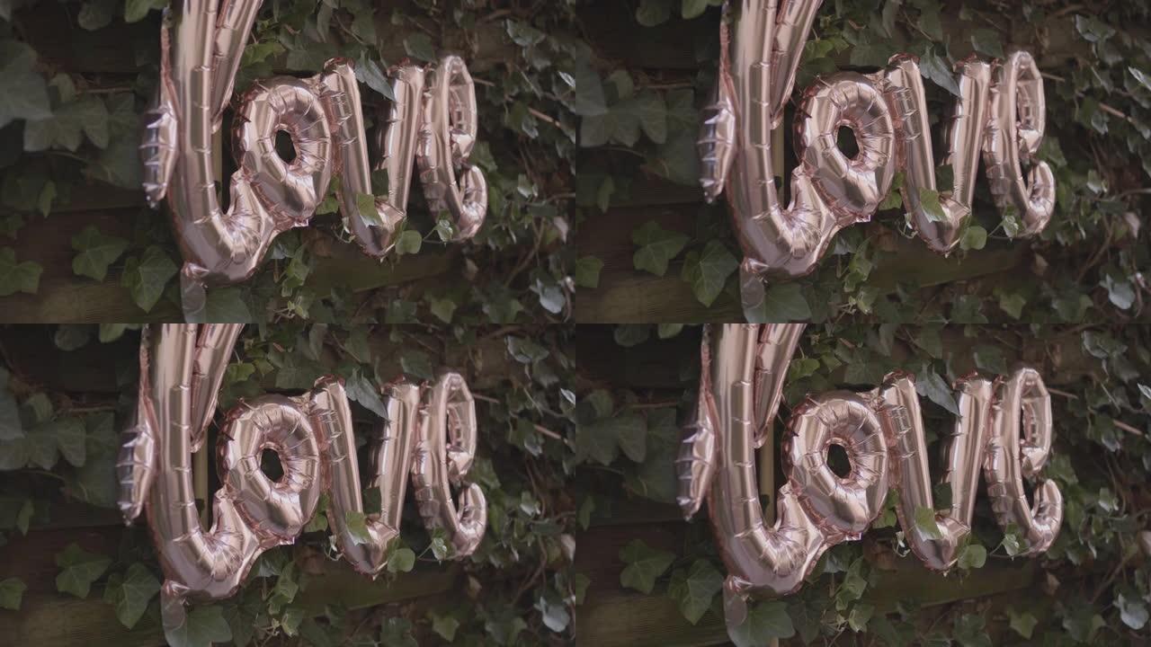 常春藤墙上粉红色爱情气球的细节照片