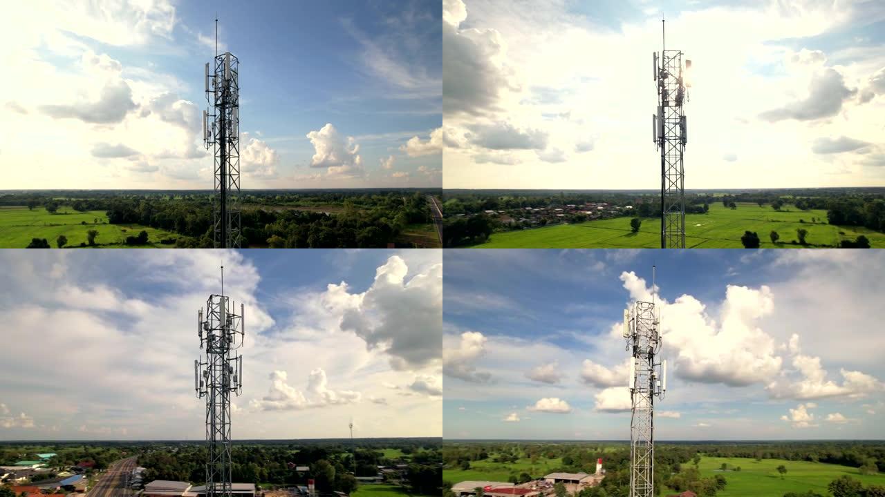 无人机的鸟瞰图，农村社区的通讯塔。