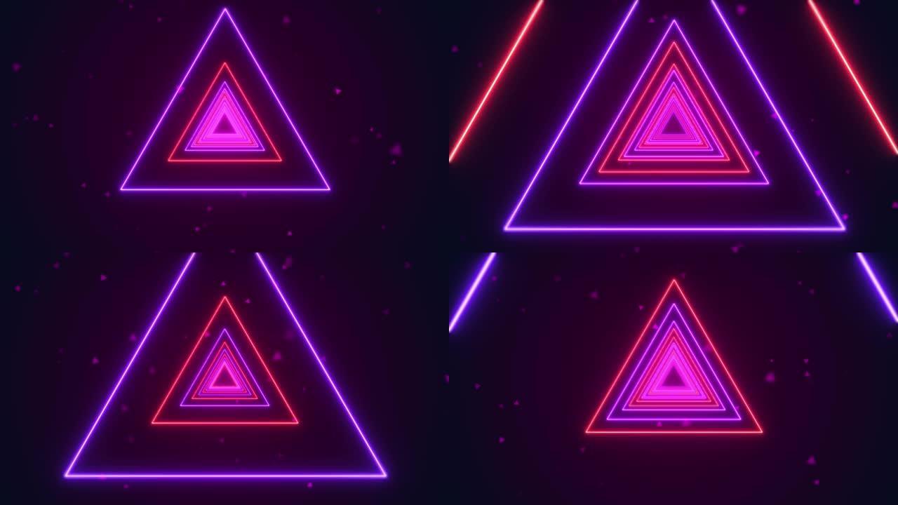 随机三角空间隧道亮粉色霓虹灯循环动画背景。