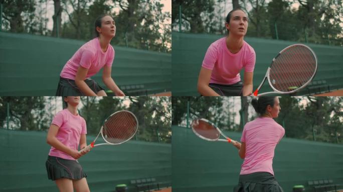 年轻网球运动员反手。日落时穿着粉色t恤的年轻女孩打草地网球。眼睛水平