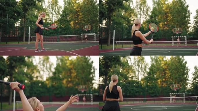 金发女子在球场上发球网球，两名女子网球运动员正在比赛和训练