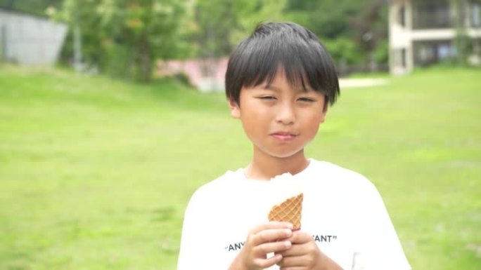 亚洲孩子在新鲜的绿色公园吃软冰淇淋
