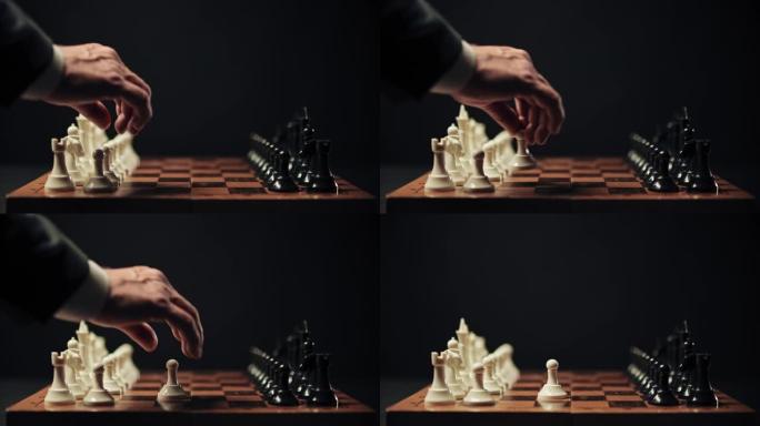 移动白色棋子的人，开始游戏，商业开始的概念，竞争