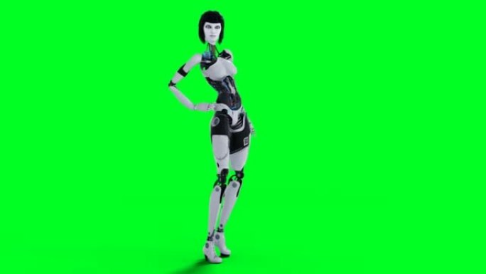女性性感机器人行走。绿屏隔离4k镜头。