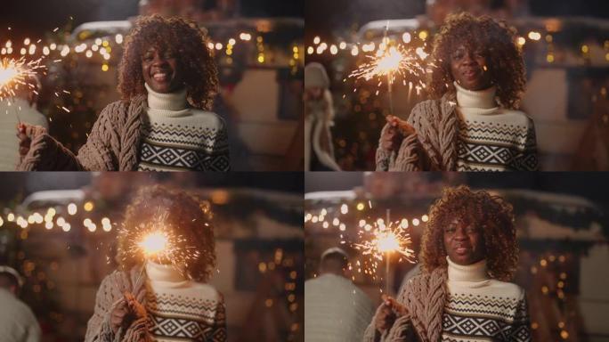 圣诞节祝贺，黑人妇女的肖像与闪闪发光的相机，最美好的祝愿