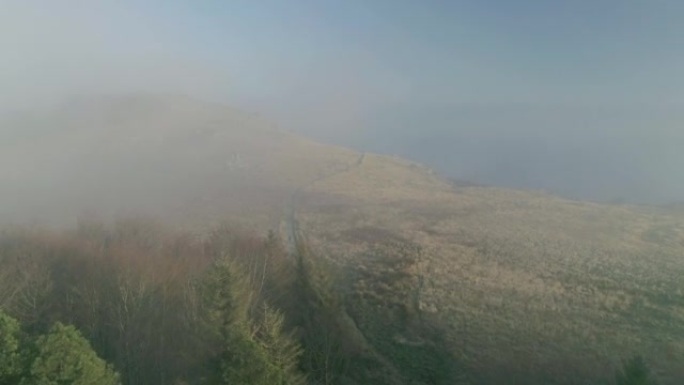 在山谷上方飞过雾的鸟瞰图