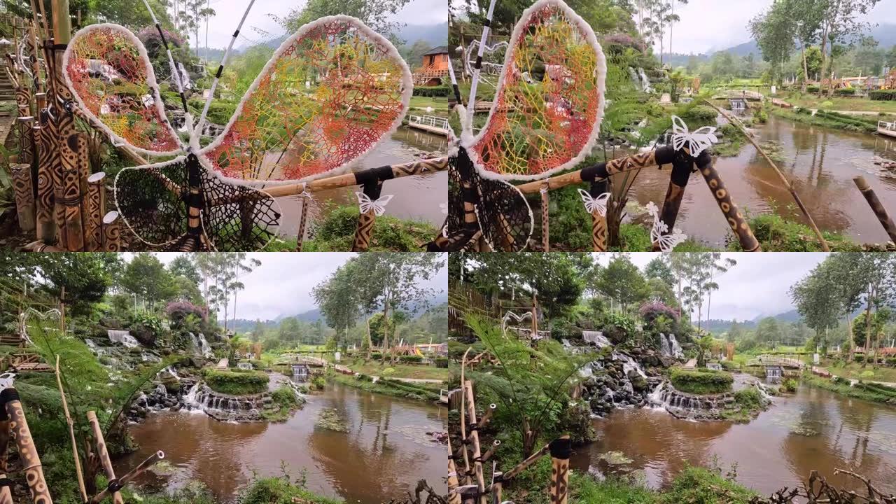 印度尼西亚西爪哇岛帕坦甘的兰卡巴利的池塘和瀑布，库鲁蒂鲁生态公园附近。