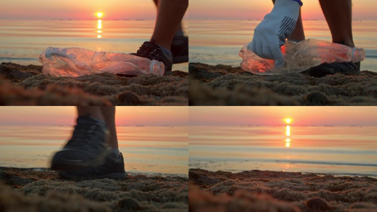 清理海滩上的塑料垃圾，人收集泥浆并将其扔进袋子。