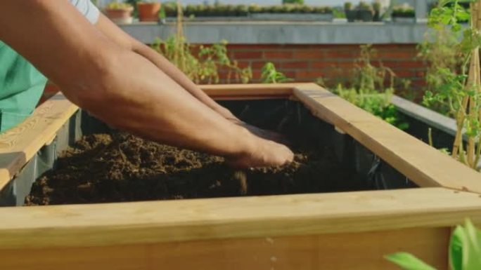 SLO MO男园丁在屋顶花园用土壤填充高高的床