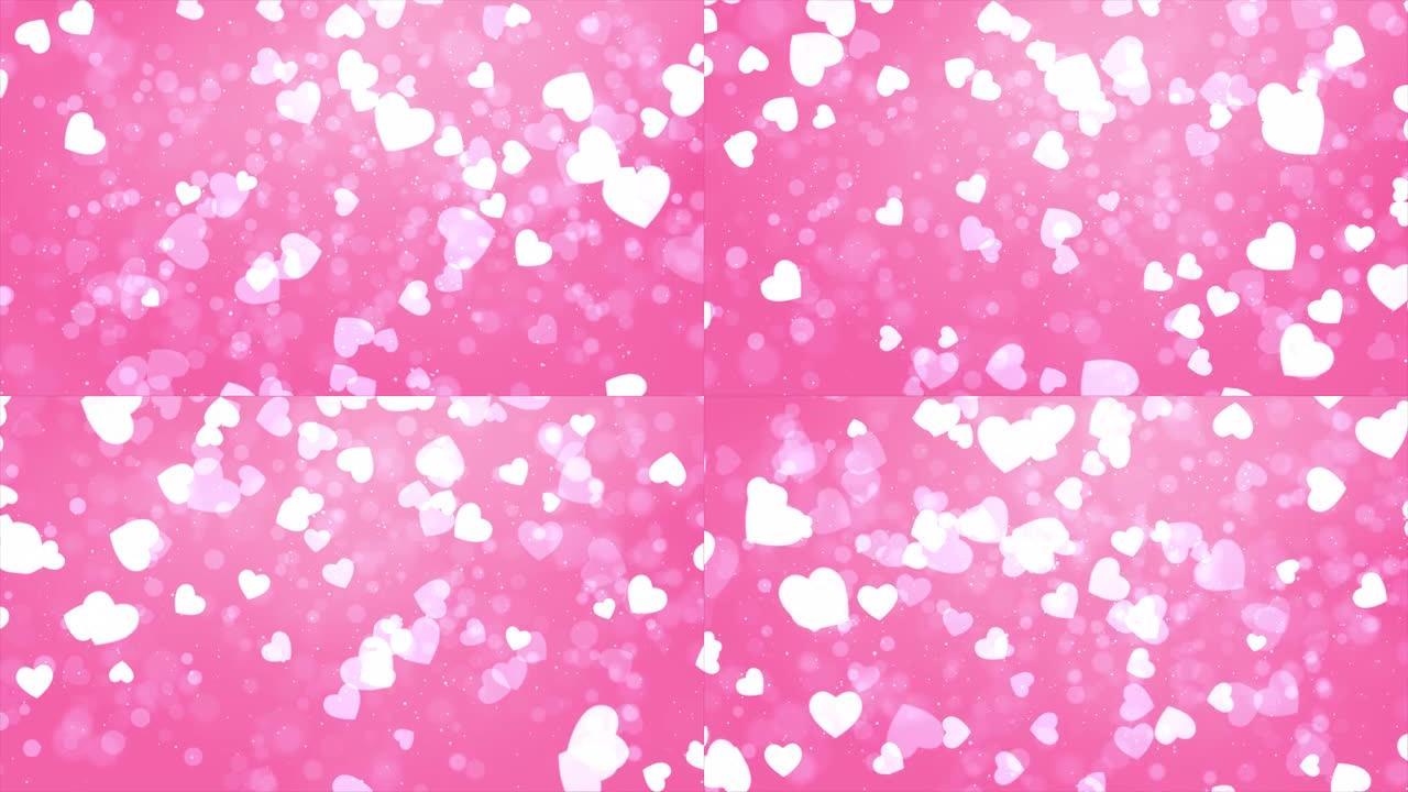 粉色循环4k背景上的白色粉色流动情人节心形泡泡。