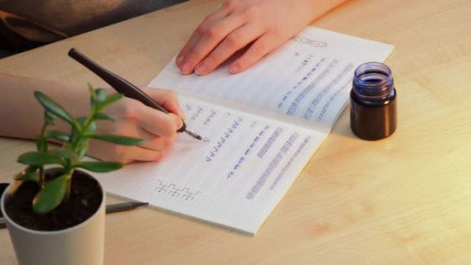 一个女孩坐在桌子旁，用钢笔和墨水写字。