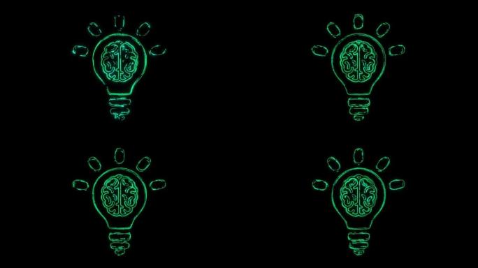 灯泡创意动画图标出现在黑色背景上的线条。