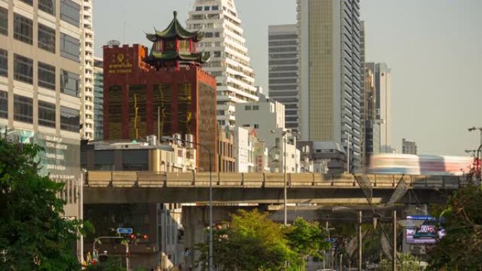 曼谷市中心交通街地铁线桥全景4k延时泰国